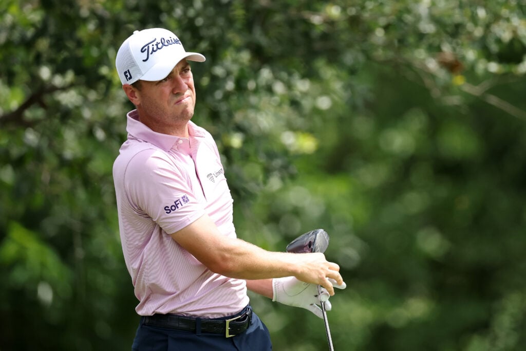 Justin Thomas of the United States hits his tee shot on the ninth hole prior to the Charles Schwab Challenge 2026 at Colonial Country Club