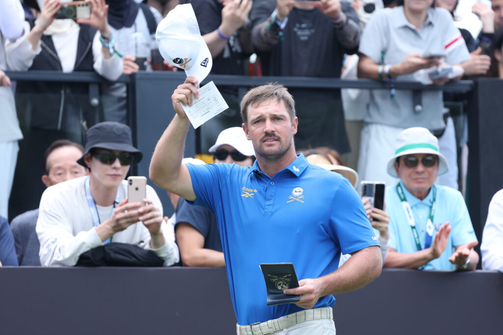 Bryson DeChambeau acknowledges the crowd during the first round of LIV Golf Korea