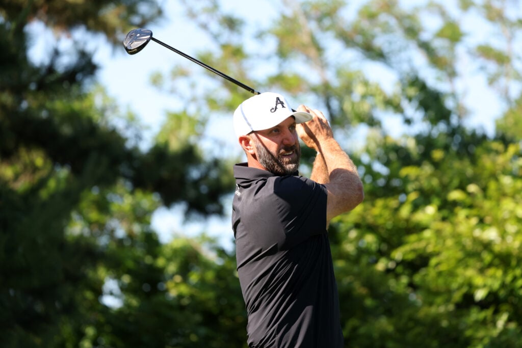 Dustin Johnson hits a tee shot during the final round of LIV Golf Korea