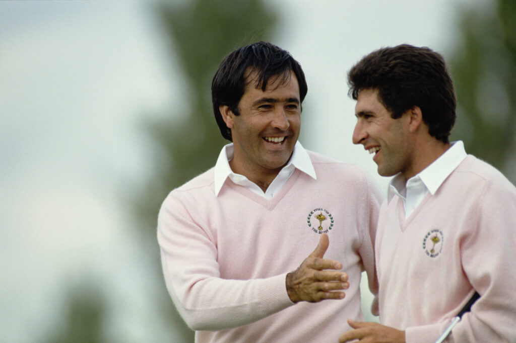 Spanish golfers Severiano Ballesteros (left) and Jose Maria Olazabal shaking hands during a Ryder Cup match at The Belfry, Warwickshire, 22nd September 1989