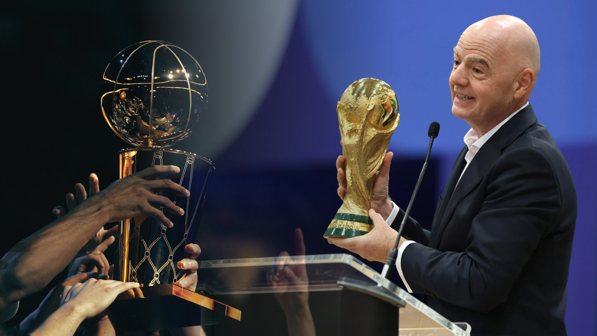 Split image featuring FIFA president Gianni Infantino holding the World Cup, alongside the NBA Finals trophy
