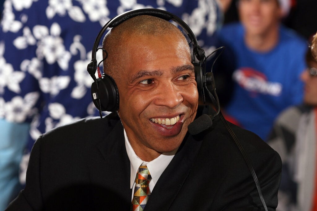 Mychal Thompson, color analyst, works the Prime Ticket television broadcast of the game between the Saint Mary's Gaels and the Pepperdine Waves on January 8, 2011 at Firestone Fieldhouse.