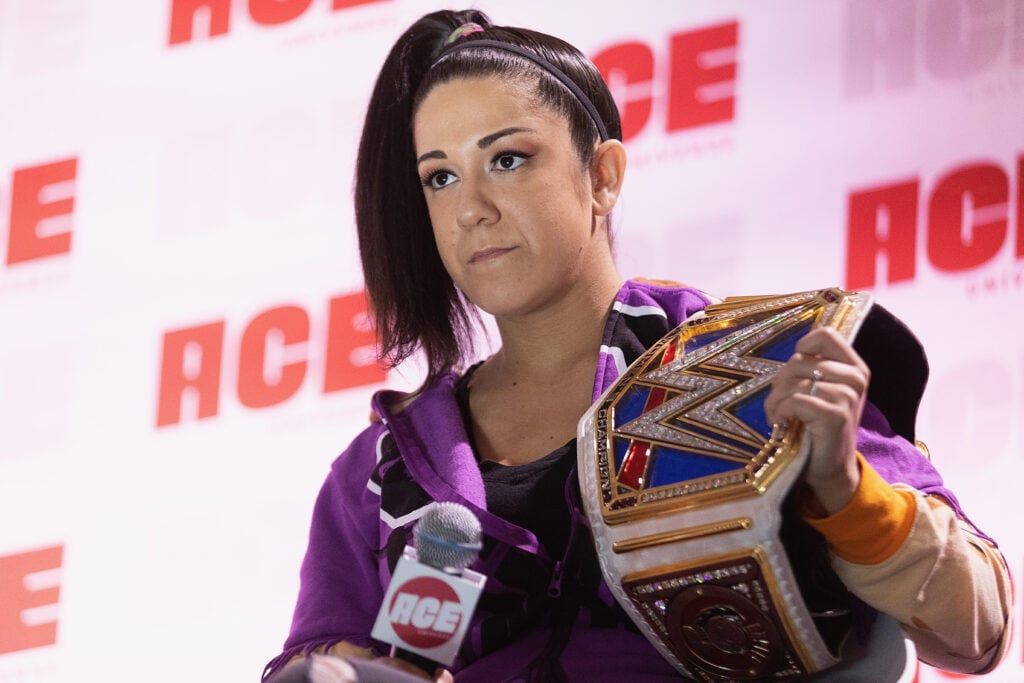 WWE SmackDown Champion Bayley speaks onstage during ACE Comic Con