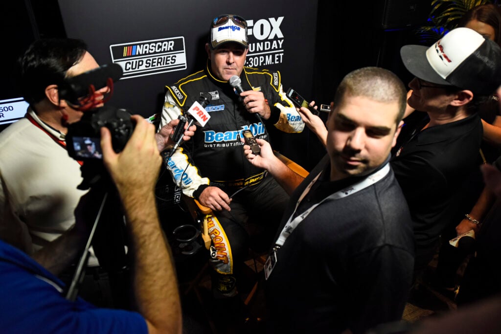Brendan Gaughan, driver of the #62 Beard Motorsports/South Point Chevrolet, speaks with the media during the NASCAR Cup Series 62nd Annual Daytona 500 Media Day at Daytona International Speedway on February 12, 2020 in Daytona Beach, Florida.