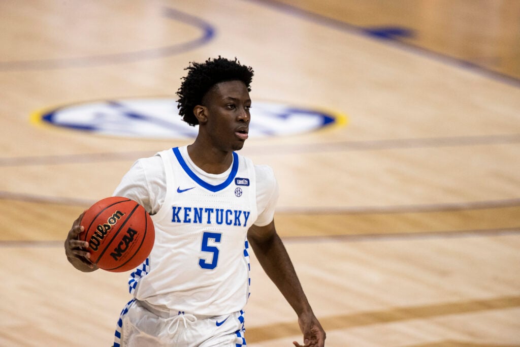 Terrence Clarke #5 of the Kentucky Wildcats dribbles the ball at half court against the Mississippi State Bulldogs during the first half of their second round game in the SEC Men's Basketball Tournament at Bridgestone Arena.