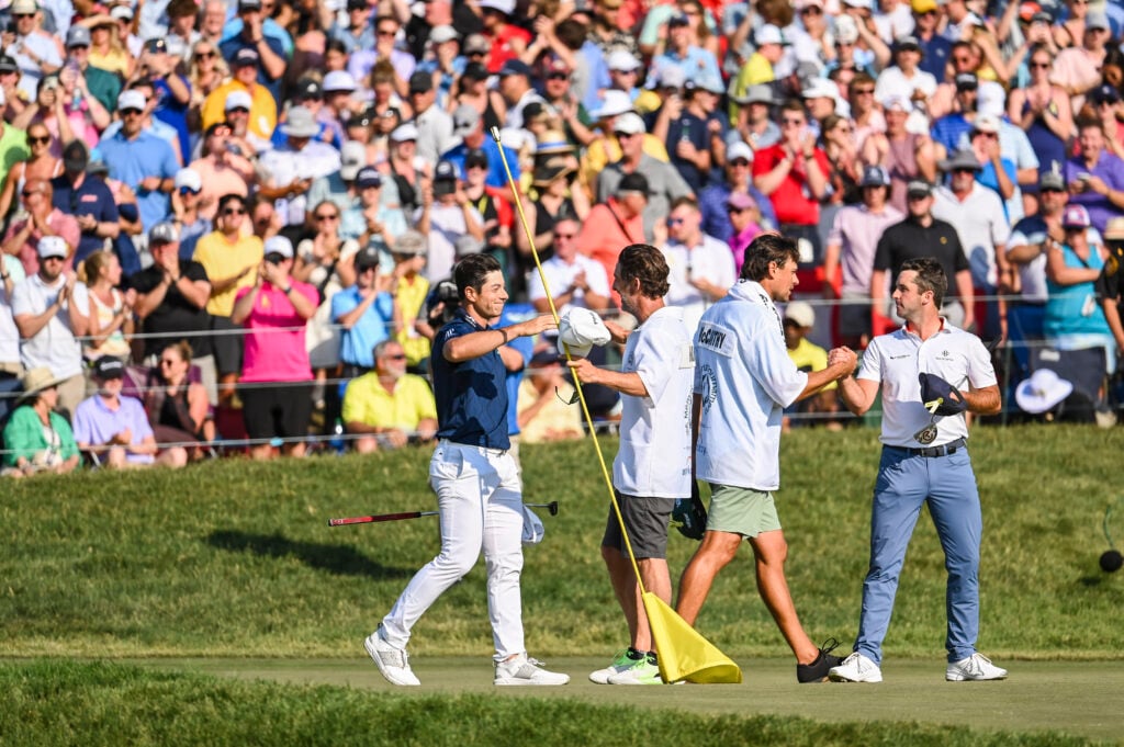 Viktor Hovland celebrates winning the Memorial Tournament in 2023 following a playoff with Denny McCarthy