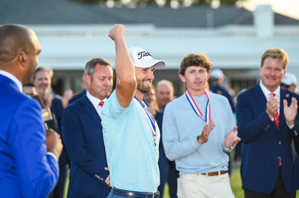 Wyndham Clark celebrates winning the US Open for a second time