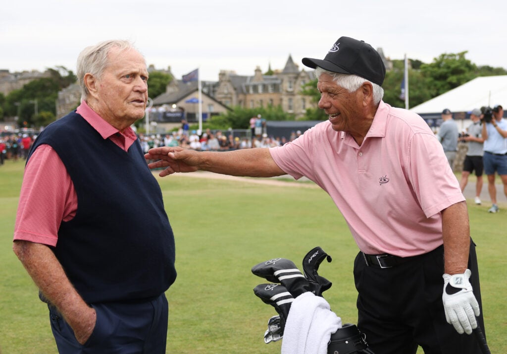 Jack Nicklaus and Lee Trevino during the Celebration of Champions prior to The 150th Open at St Andrews