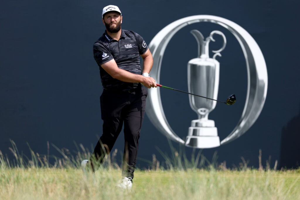 Jon Rahm of Spain tees off on the 1st hole on Day One of The 151st Open at Royal Liverpool Golf Club