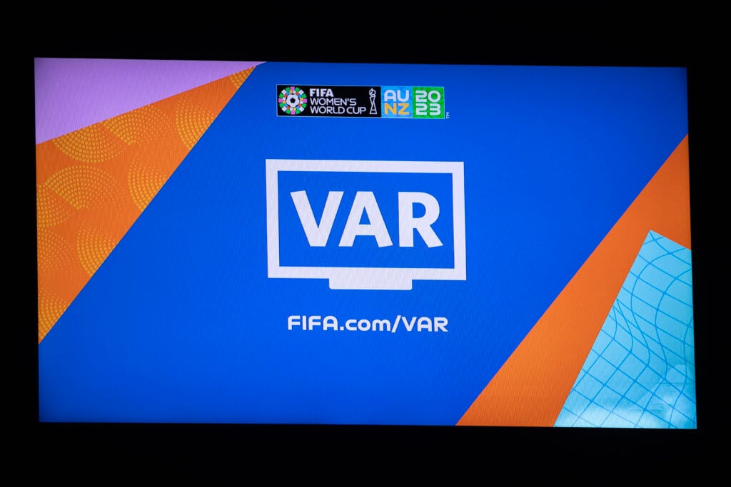 The VAR logo on the pitchside Virtual Assistant Referee screen during the FIFA Women's World Cup Australia & New Zealand 2023 Group B match between Australia and Ireland at Stadium Australia.