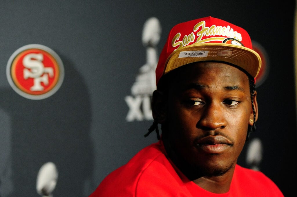 San Francisco 49ers defensive end Aldon Smith speaks with the media during a media availability session for Super Bowl XLVII at the New Orleans Marriot.