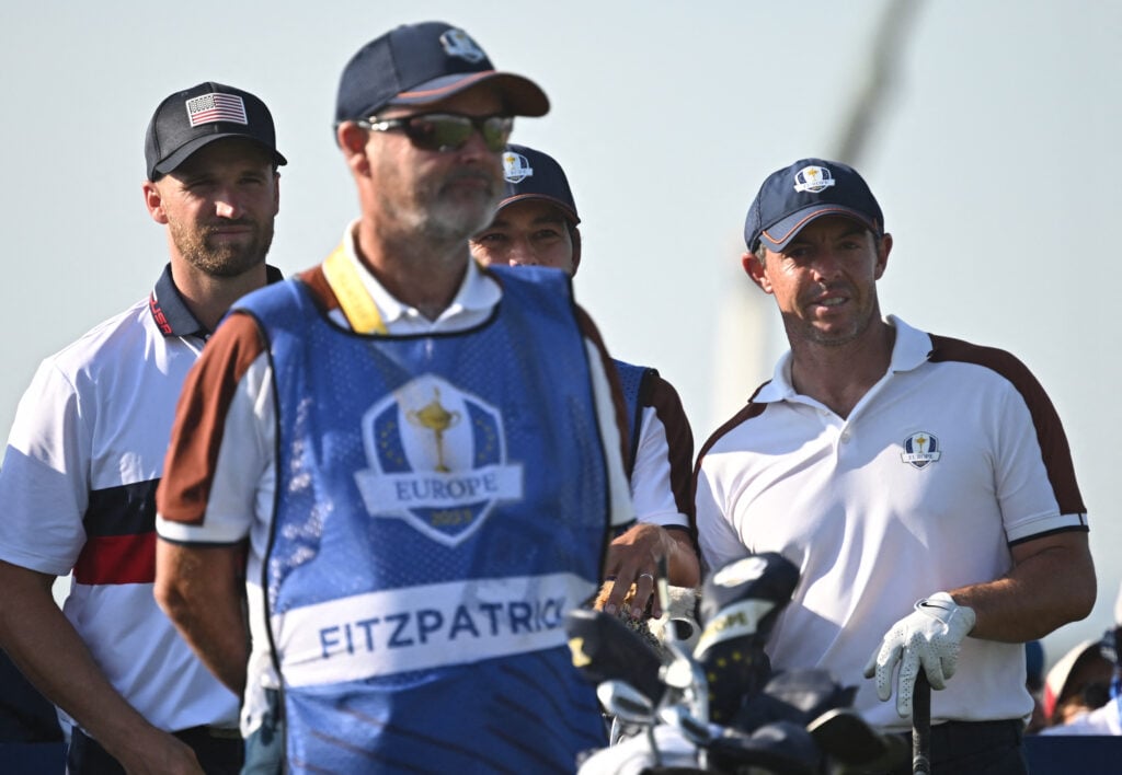 Rory McIlroy and Wyndham Clark during the second day of play in the 44th Ryder Cup at the Marco Simone