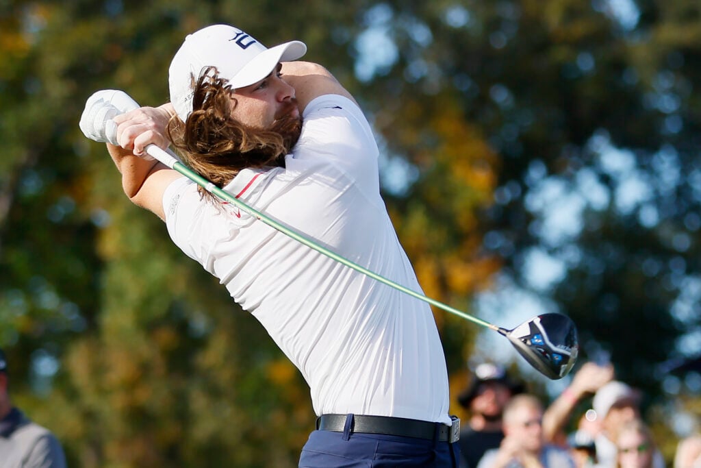 Kyle Berkshire in action during the final round of the World Long Drive Championship at Bobby Jones Golf Course