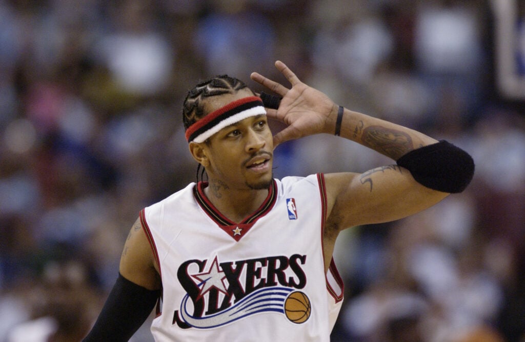 Allen Iverson #3 of the Philadelphia 76ers gestures to hear cheers from the crowd during the NBA game against the Washington Wizards at First Union Center.