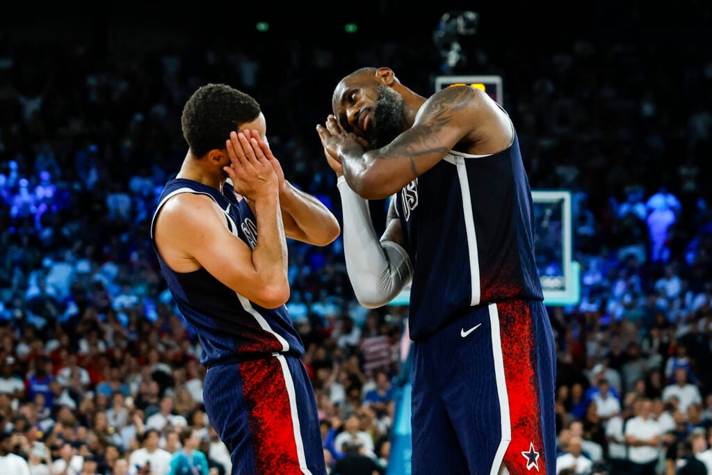 Stephen Curry and Lebron James of United States gesture during Men's Gold Medal Game of Basketball between France and United States on Bercy Arena during the Paris 2024 Olympics Games