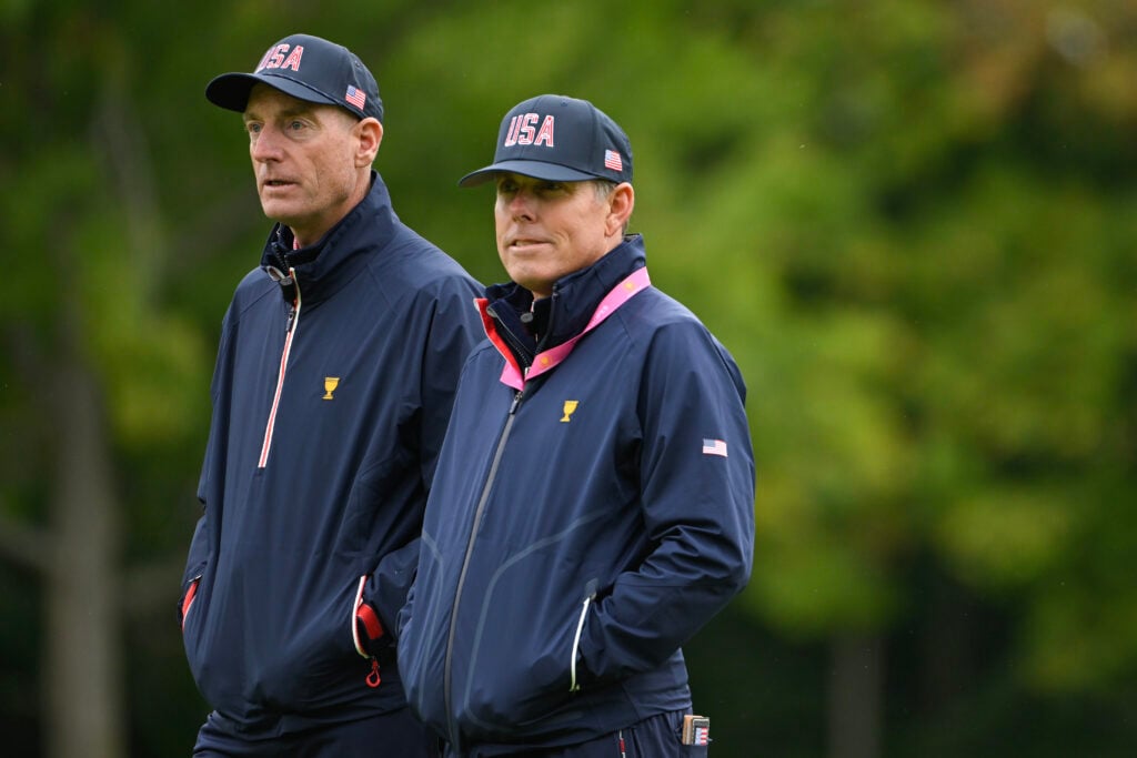 Jim Furyk and Justin Leonard speak during a practice round ahead of the 2024 Presidents Cup