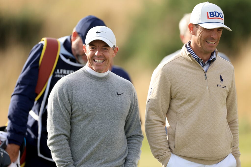 Rory McIlroy and Billy Horschel in action on day two of the Alfred Dunhill Links Championship at Kingsbarns Golf Club