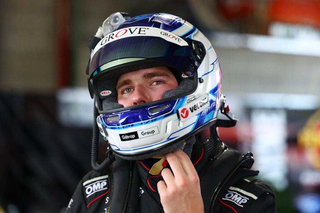 Matt Payne reacts after driving the Grove Racing Ford Mustang to provisional pole during qualifying for the Bathurst 1000, part of the 2024 Supercars Championship Series at Mount Panorama, on October 11, 2024 in Bathurst, Australia.
