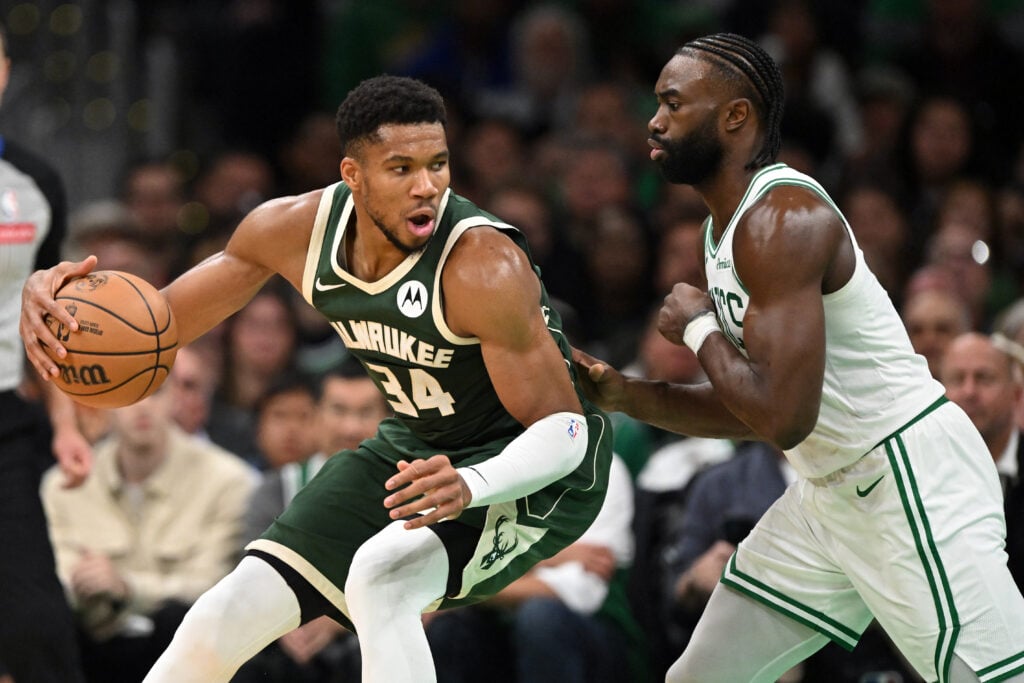 Giannis Antetokounmpo #34 of the Milwaukee Bucks controls the ball against Jaylen Brown #7 of the Boston Celtics during the second half at the TD Garden on October 28, 2024 in Boston, Massachusetts.