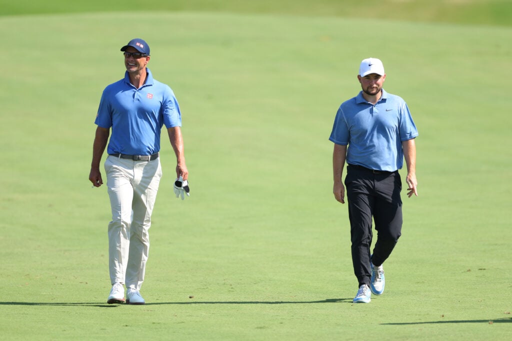 Adam Scott and Alex Fitzpatrick during the second round of the DP World Tour Championship