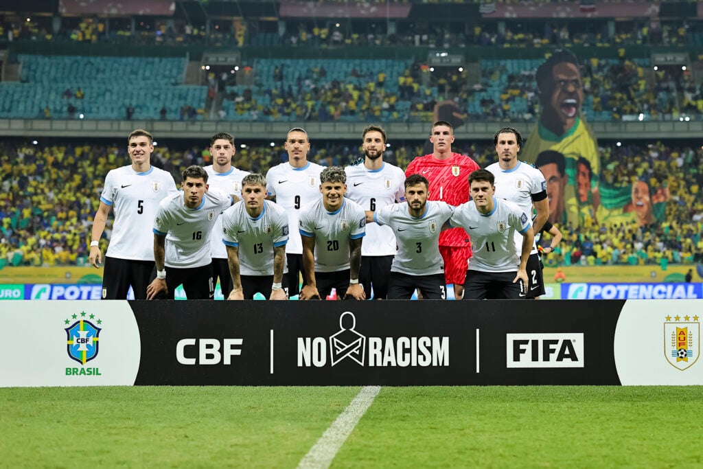 (L-R) Uruguay squad poses for team photo with Manuel Ugarte, Federico Valverde, Darwin Nunez, Rodrigo Bentacur, Goalkeeper Sergio Rochet, José Giménez, Mathias Olivera, Guillermo Varela, Maximiliano Araújo, Marcelo Saracchi and Facundo Pellistri during the FIFA World Cup 2026 Qualifier match between Brazil and Uruguay