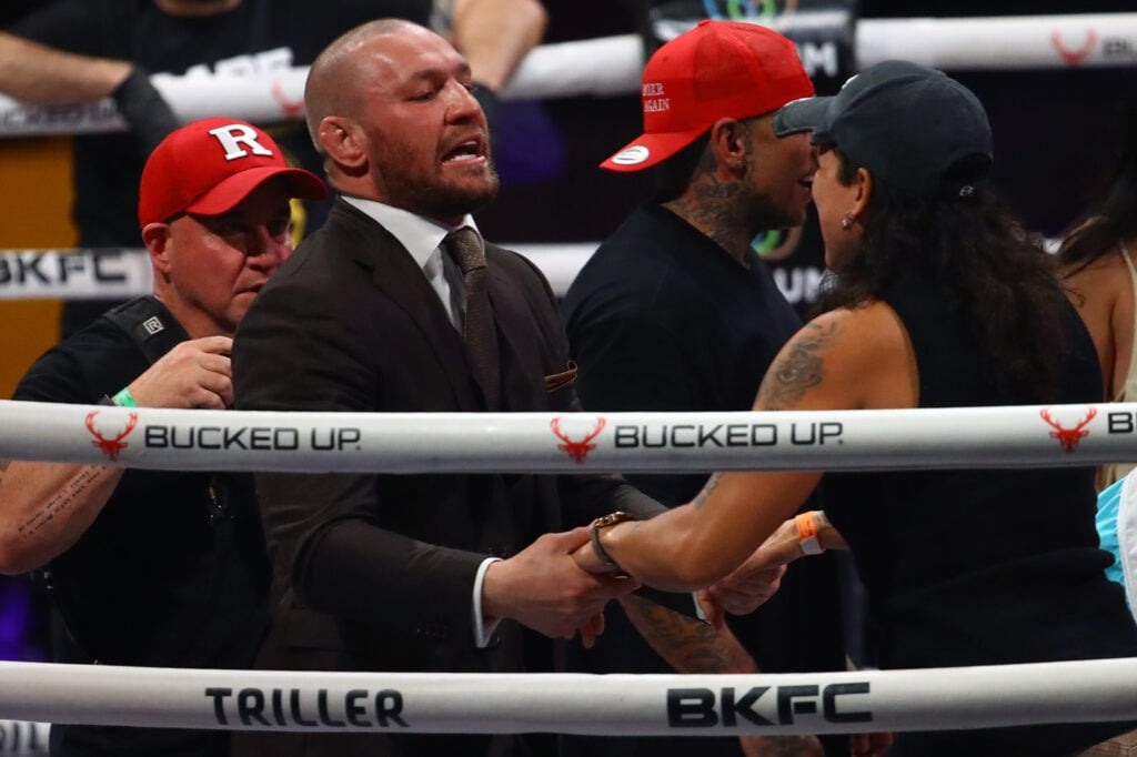 Conor McGregor meets Amanda Nunes after the fight between Luis Palomino and Howard Davis during the BKFC 70 Hollywood at Hard Rock Live in Seminole Hard Rock Hotel & Casino on March 27, 2025 in Hollywood, Florida.