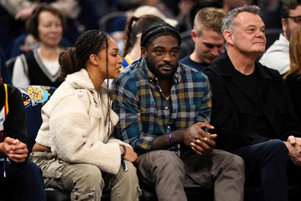 San Francisco 49ers wide receiver Brandon Aiyuk watches the Golden State Warriors play the Denver Nuggets in the second quarter at Chase Center on April 04, 2025 in San Francisco, California.