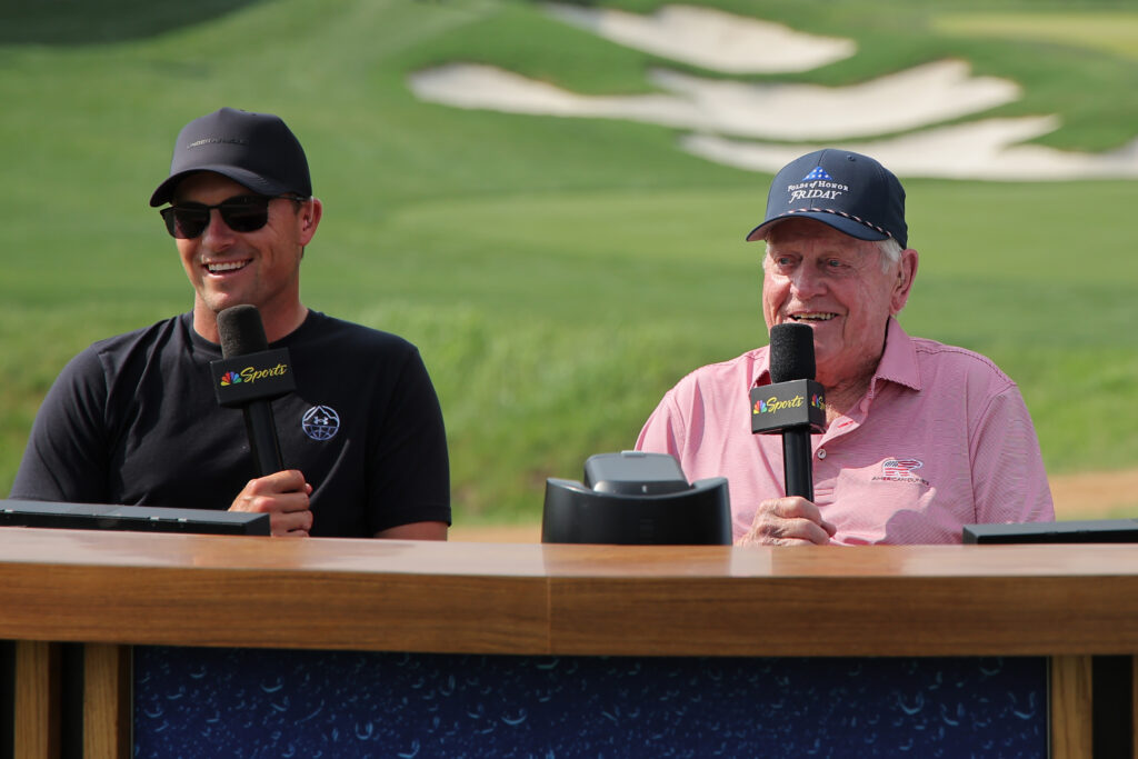 Jordan Spieth and Jack Nicklaus broadcasting during the Valero Texas Open at TPC San Antonio