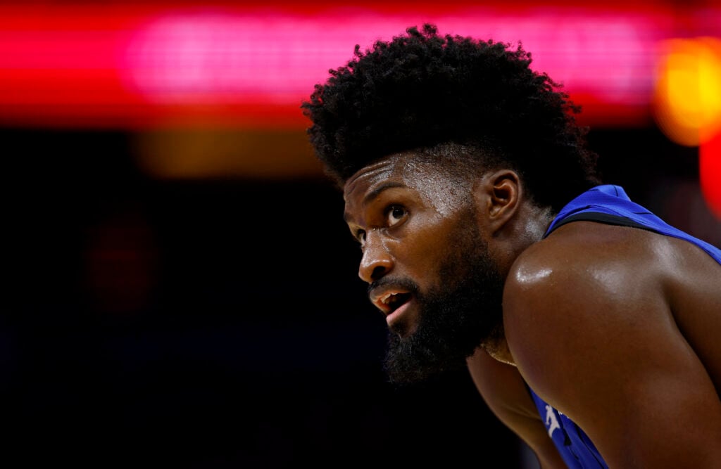 Jonathan Isaac #1 of the Orlando Magic looks on during the second half of an NBA play-in tournament game against the Atlanta Hawks at Kia Center.