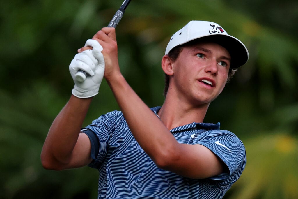 Miles Russel of the United States plays his shot from the ninth tee plays his shot from the ninth tee during the first round of the 2025 Tulum Championship at PGA Riviera Maya