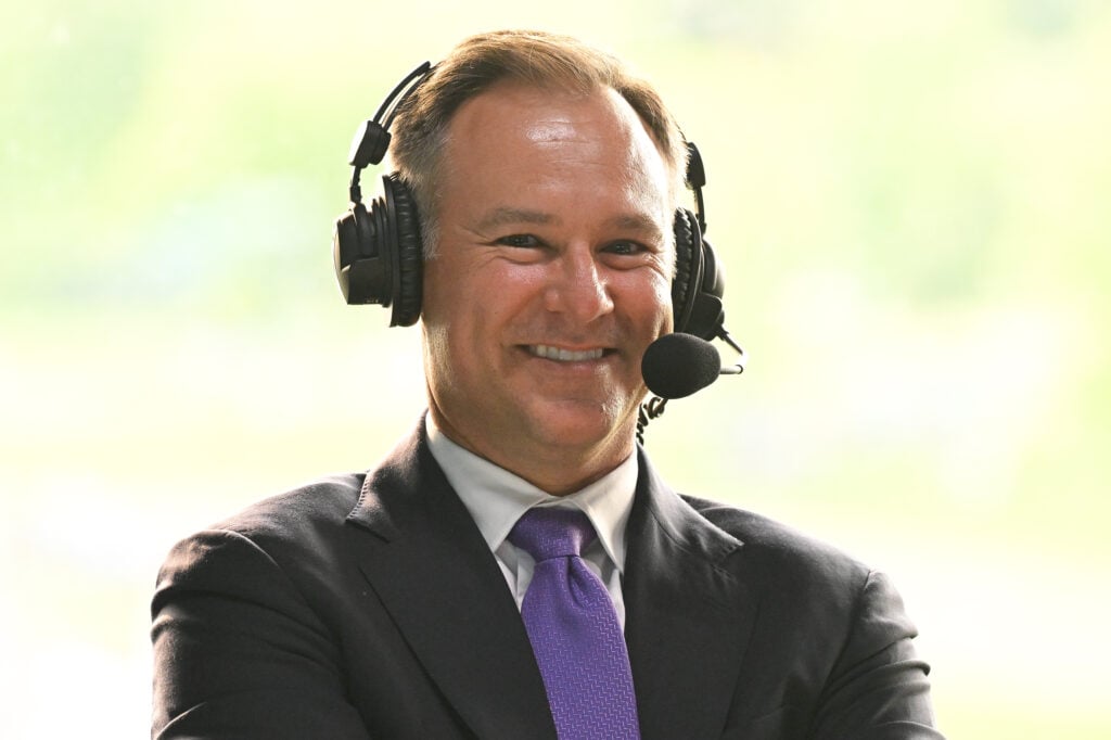 Trevor Immelman is seen on the CBS sports desk during the third round of the Memorial Tournament at Muirfield Village Golf Club
