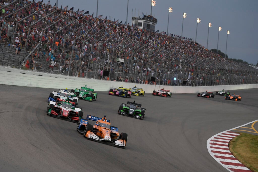 Scott Dixon (#9 Chip Ganassi Racing Honda) races into turn one during the NTT IndyCar Series Bommarito Automotive Group 500 on June 15, 2025, at World Wide Technology Raceway at Gateway in Madison, Illinois.