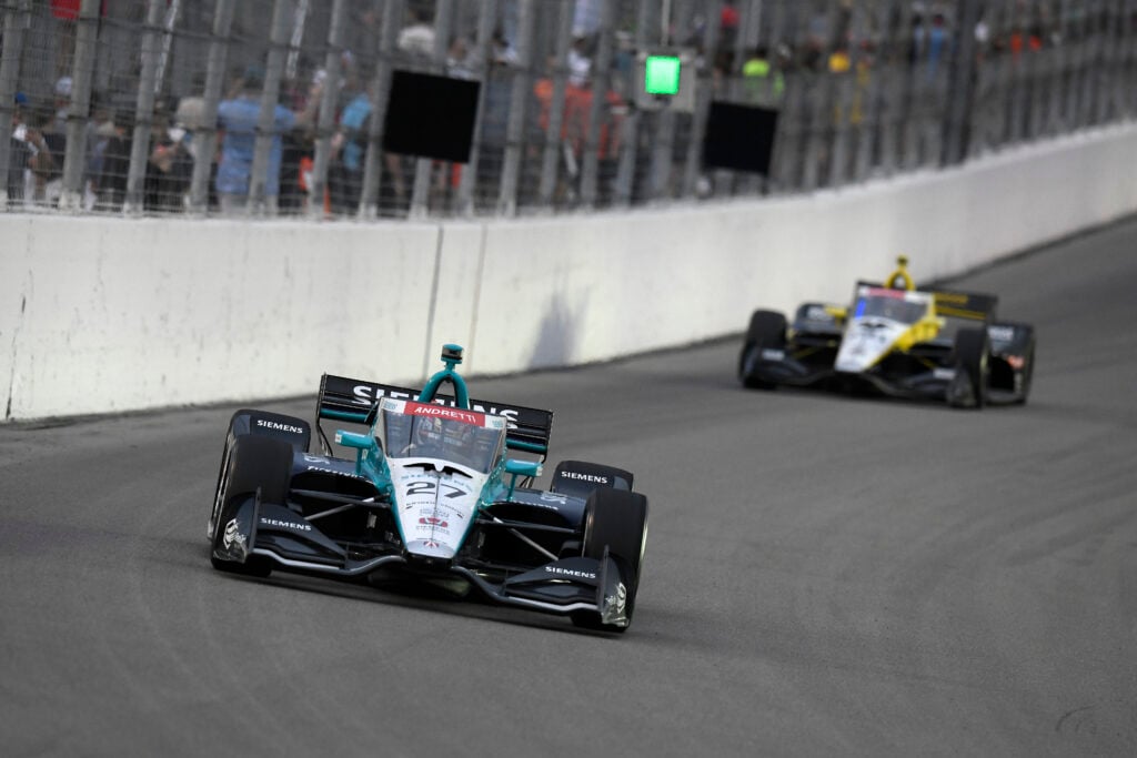 Kyle Kirkwood (#27 Andretti Global Honda) races into turn one during the NTT IndyCar Series Bommarito Automotive Group 500 on June 15, 2025, at World Wide Technology Raceway at Gateway in Madison, Illinois.