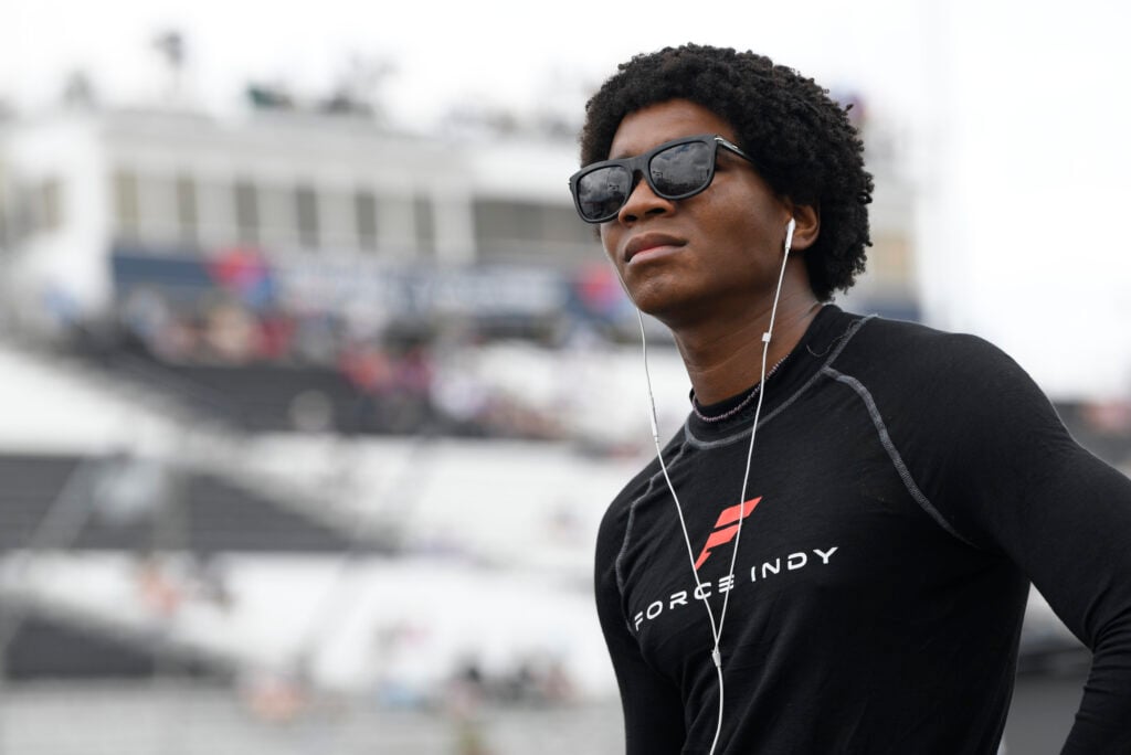 Myles Rowe (99) looks on during qualifying for the IndyNXT by Firestone race on June 14, 2025, at World Wide Technology Raceway at Gateway in Madison, Illinois.
