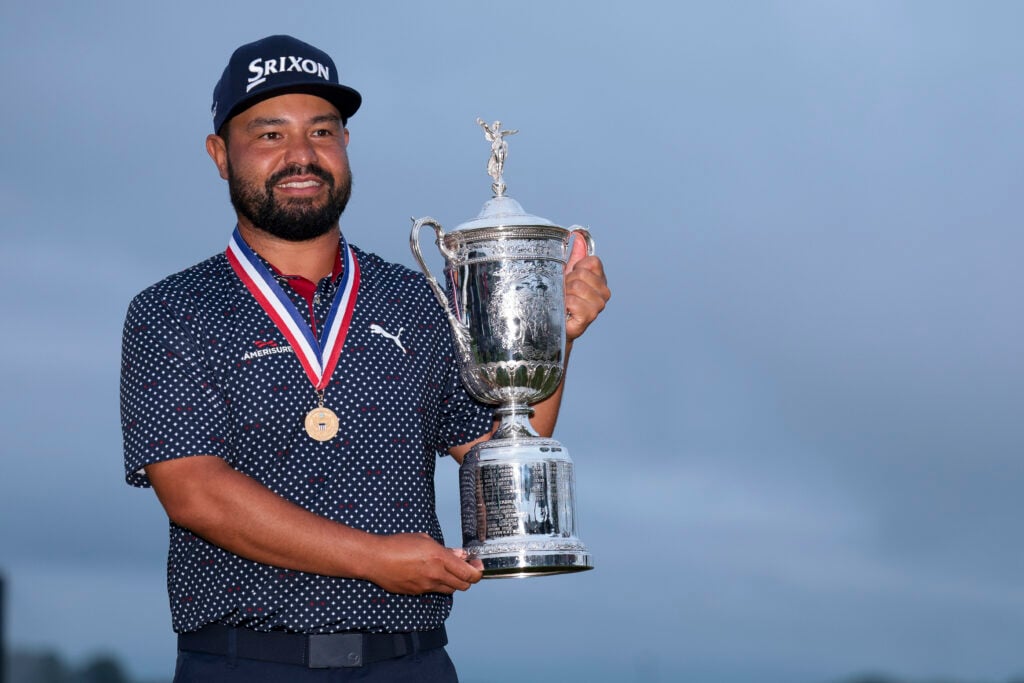 J. J. Spaun of the United States poses with the trophy after winning during the final round of the 125th U.S. OPEN at Oakmont Country Club