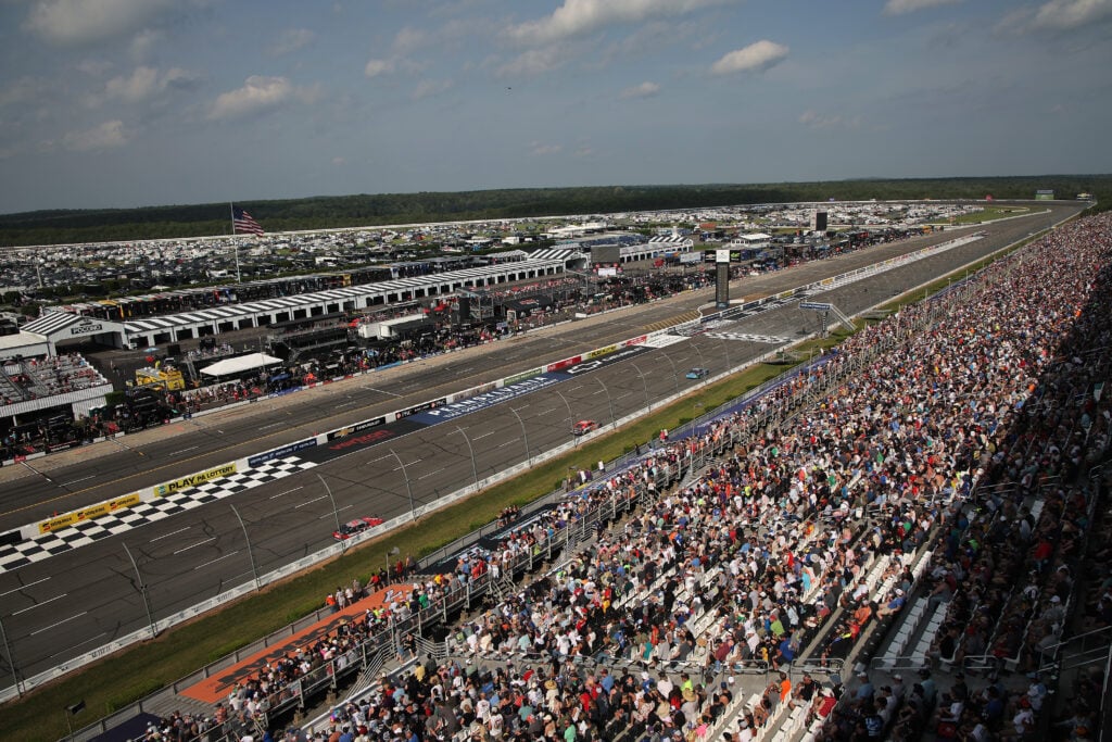 A general view of racing during the NASCAR Cup Series The Great American Getaway 400 at Pocono Raceway on June 22, 2025 in Long Pond, Pennsylvania.