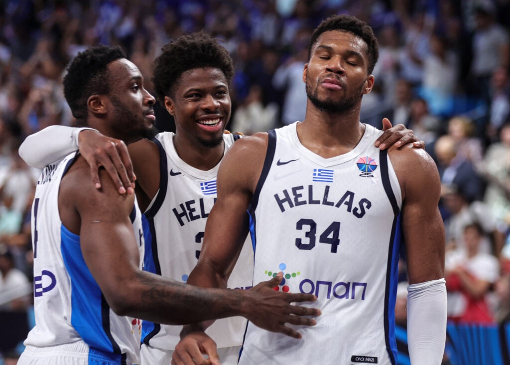 Thanasis Antetokounmpo of Greece, Kostas Antetokounmpo of Greece , Giannis Antetokounmpo of Greece celebrate third Place after the FIBA Eurobasket 2025 Third Place game between Greece v Finland at Arena Riga.