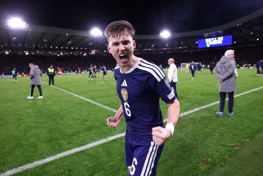 Kieran Tierney celebrates after Scotland beat Denmark in a 2026 World Cup qualifier.