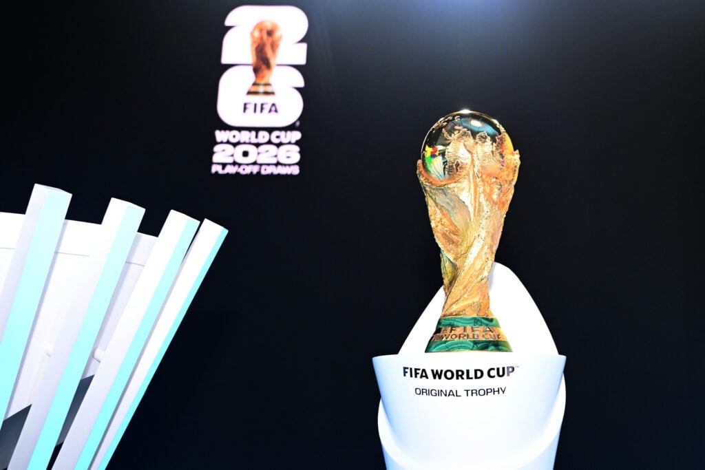A general view of the FIFA World Cup trophy on display prior to the FIFA World Cup 2026 Play-Off Tournament and European Play-Off Draw at Home of FIFA