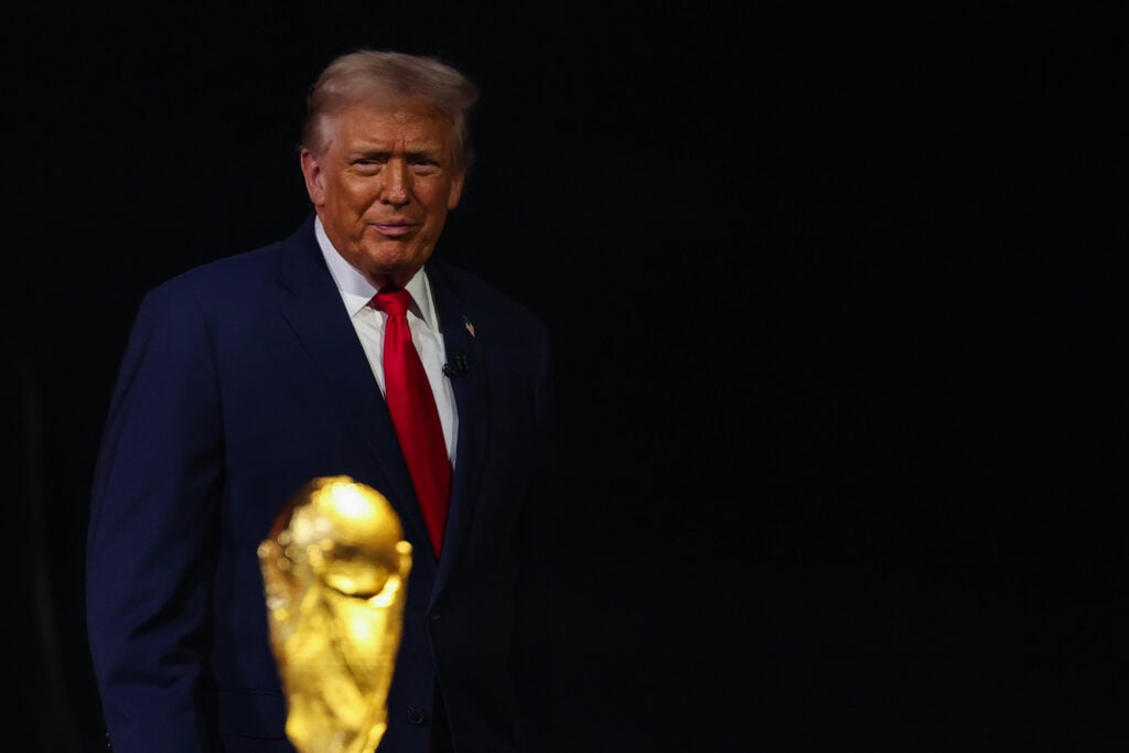 U.S. President Donald Trump looks on during the FIFA World Cup 2026 Official Draw at John F. Kennedy Center for the Performing Arts on December 05, 2025 in Washington, DC.