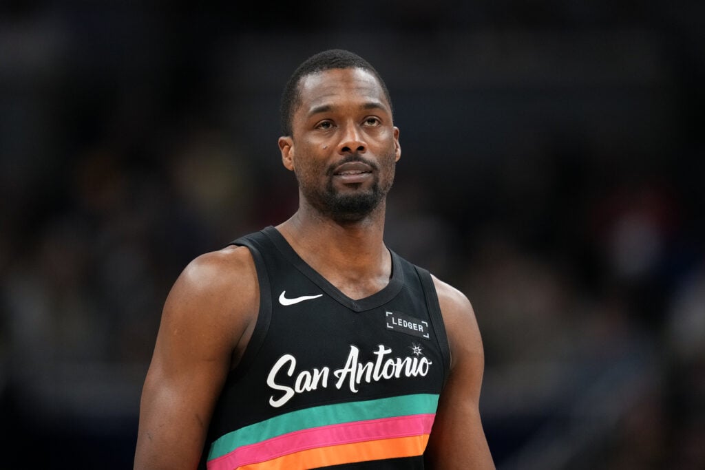 Harrison Barnes #40 of the San Antonio Spurs looks on in the second quarter against the Indiana Pacers at Gainbridge Fieldhouse.