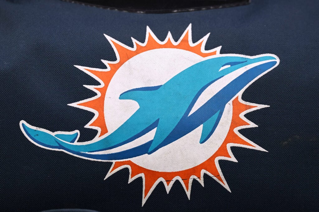 The Miami Dolphins logo is seen on an equipment bag during the game against the New England Patriots at Gillette Stadium.