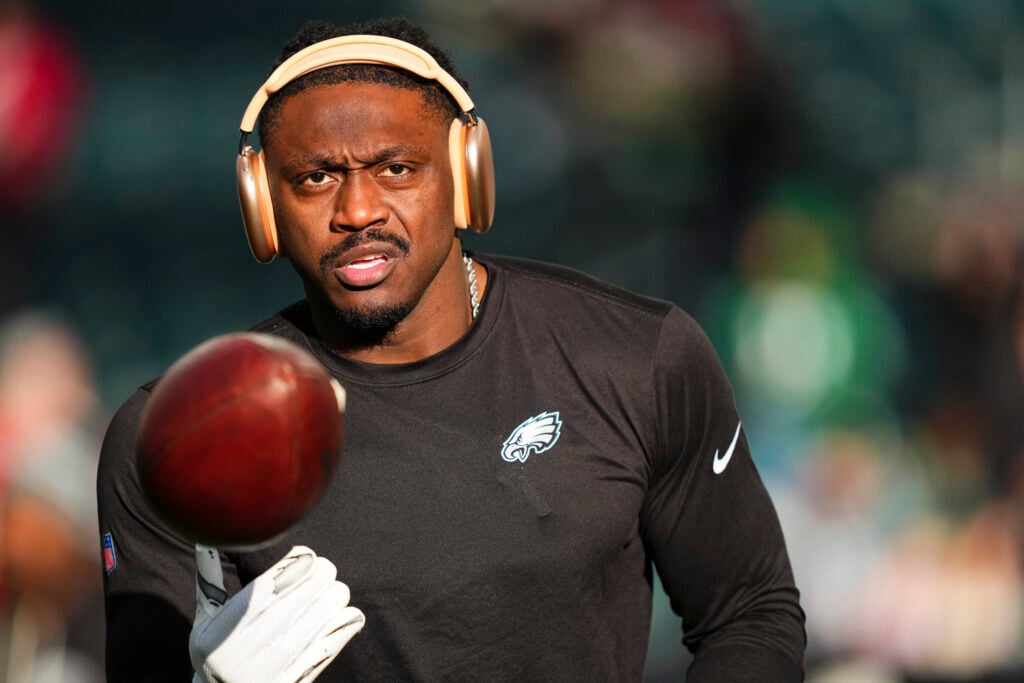 A.J. Brown #11 of the Philadelphia Eagles warms up prior to an NFL wild card playoff football game against the San Francisco 49ers at Lincoln Financial Field.
