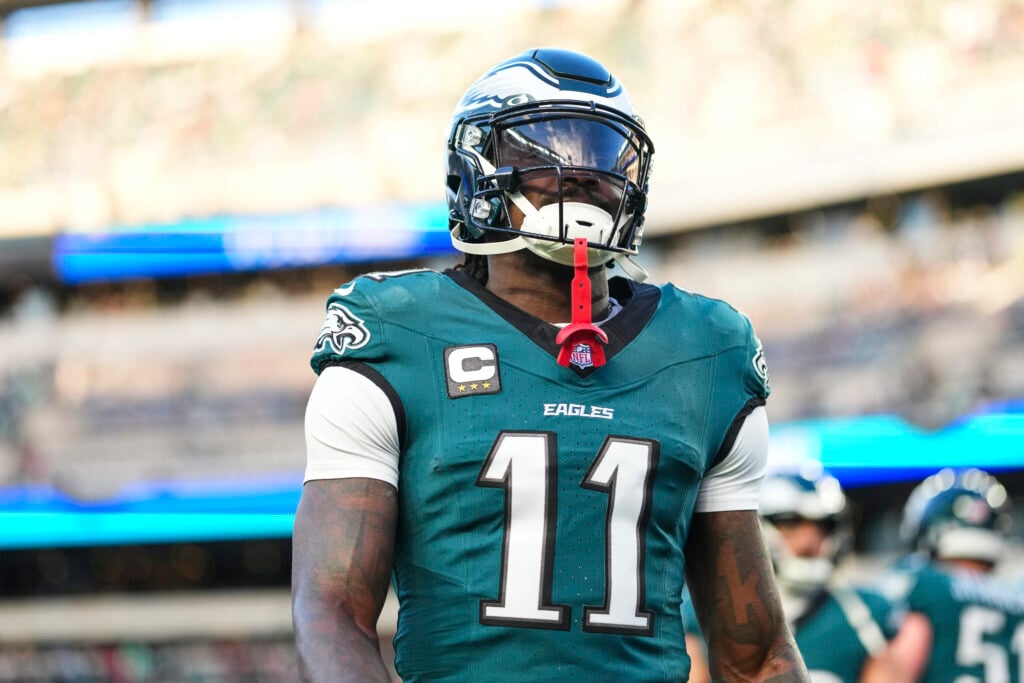 A.J. Brown #11 of the Philadelphia Eagles warms up prior to an NFL wild card playoff football game against the San Francisco 49ers at Lincoln Financial Field on January 11, 2026 in Philadelphia, Pennsylvania.