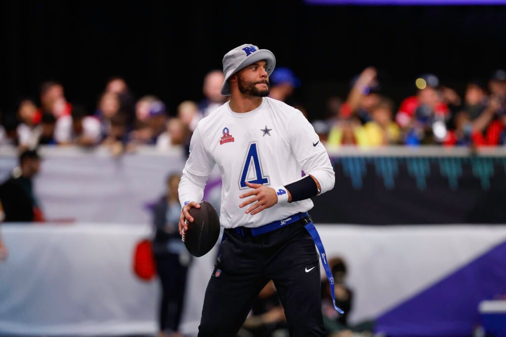 Dak Prescott #4 of the Dallas Cowboys stands in the pocket during the 2026 NFL Pro Bowl game between the AFC and the NFC at the Moscone Center South.