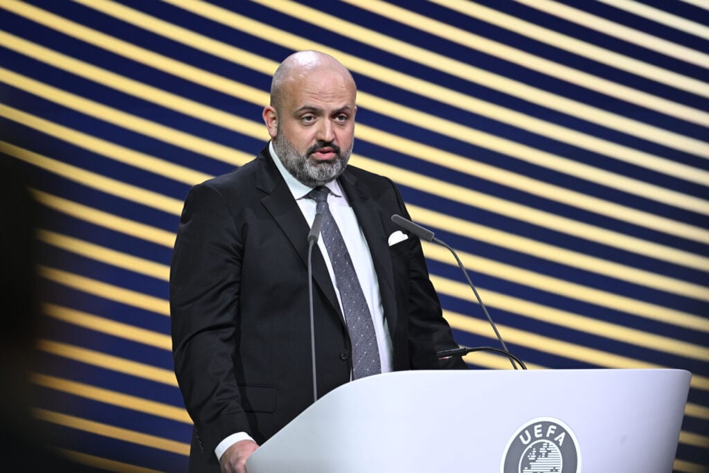 Football Supporters Europe Executive Director Ronan Evain speaks during the 50th UEFA Ordinary Congress at the Brussels Expo.