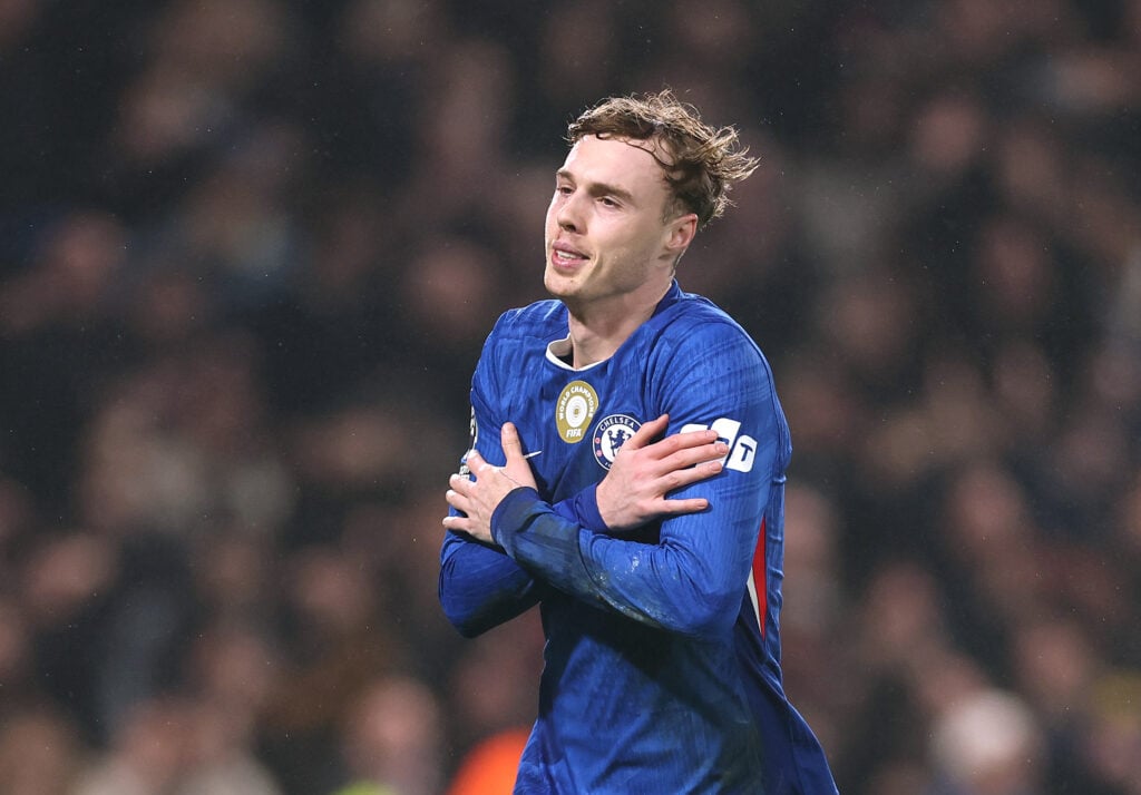 Cole Palmer of Chelsea celebrates scoring his team's second goal from the penalty spot during the Premier League match between Chelsea and Leeds United.