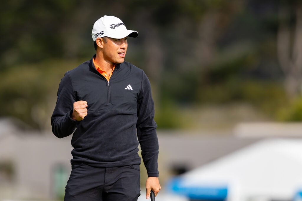 Collin Morikawa celebrates winning the AT&T Pebble Beach Pro-Am