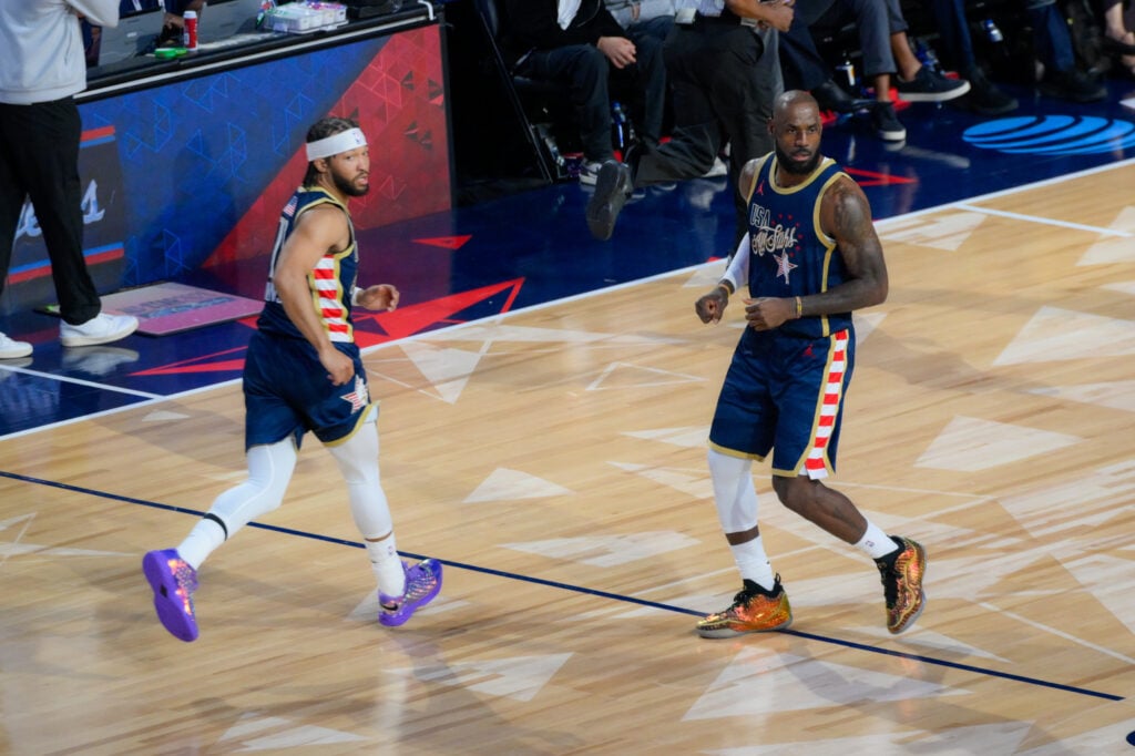 LeBron James (R) and Jalen Brunson (L) for USA Stripes are in action during the game of NBA All Star 2026 between USA Stars and USA Stripes at Intuit Dome.