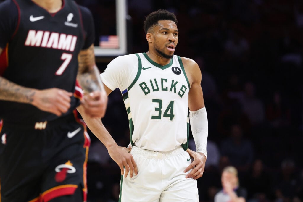 Giannis Antetokounmpo #34 of the Milwaukee Bucks looks on against the Miami Heat during the first quarter at Kaseya Center on March 12, 2026 in Miami, Florida.